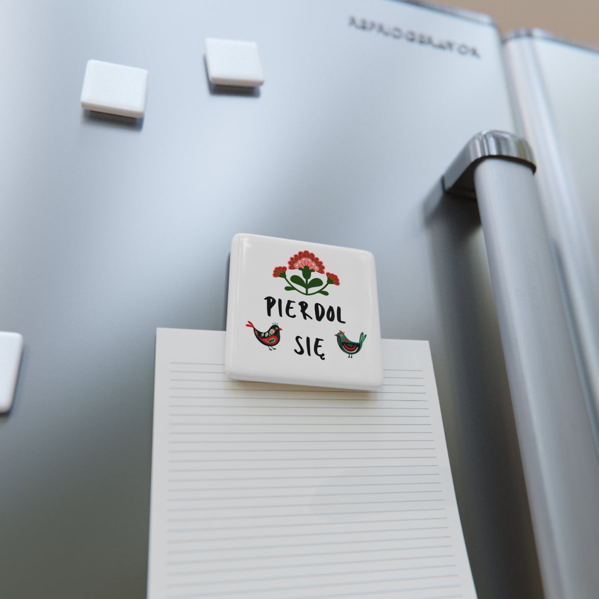 Folk Flower & Birds with “Pierdol Się”  — Porcelain Square Magnet